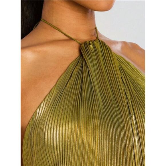 Metallic Pleated Maxi Gown -Glitter Green Halter Neck Slit Maxi - Picture 5 of 7